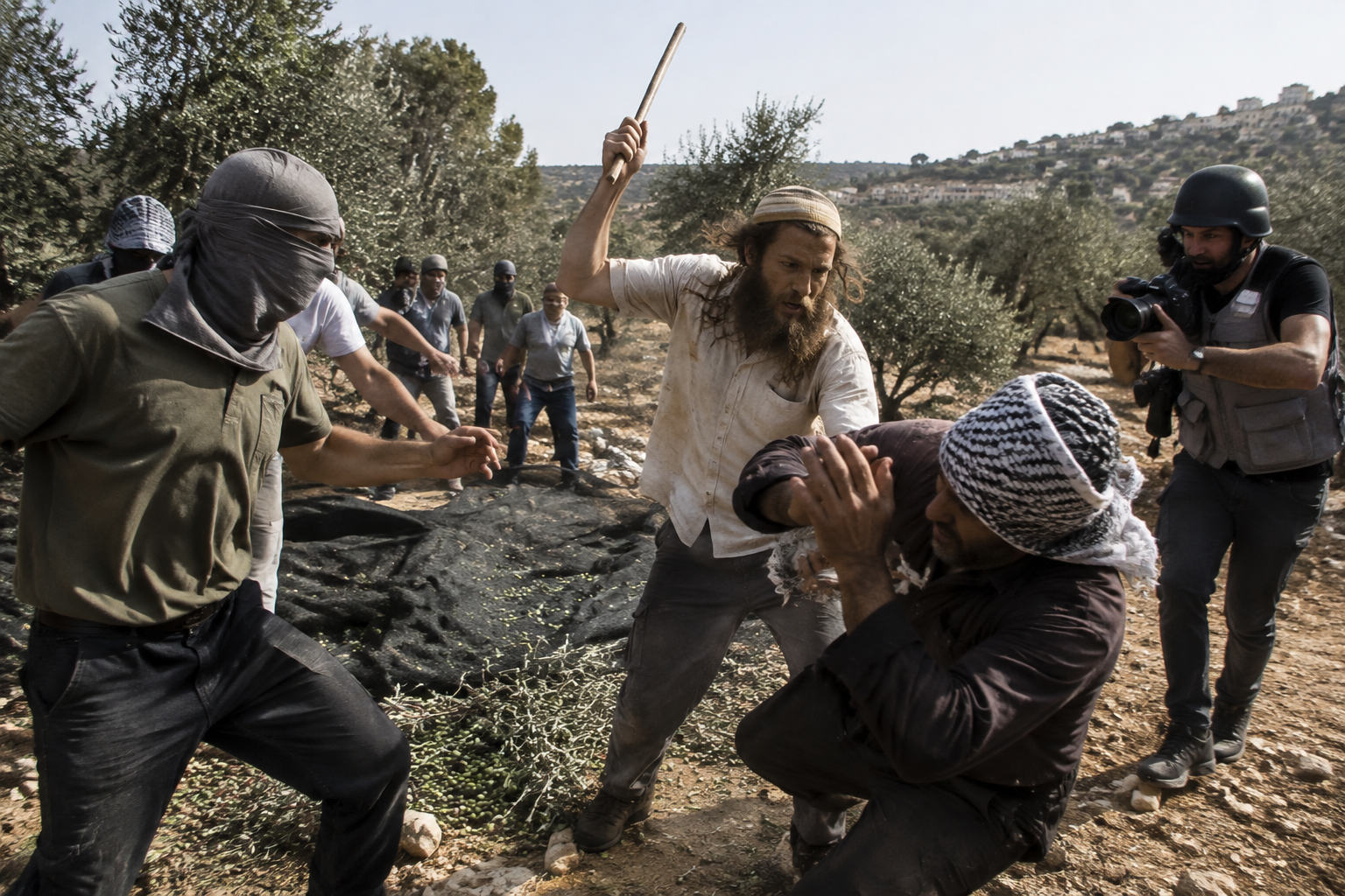 Israeli settlers attack Palestinian olive harvesters and U.S. journalist in West Bank