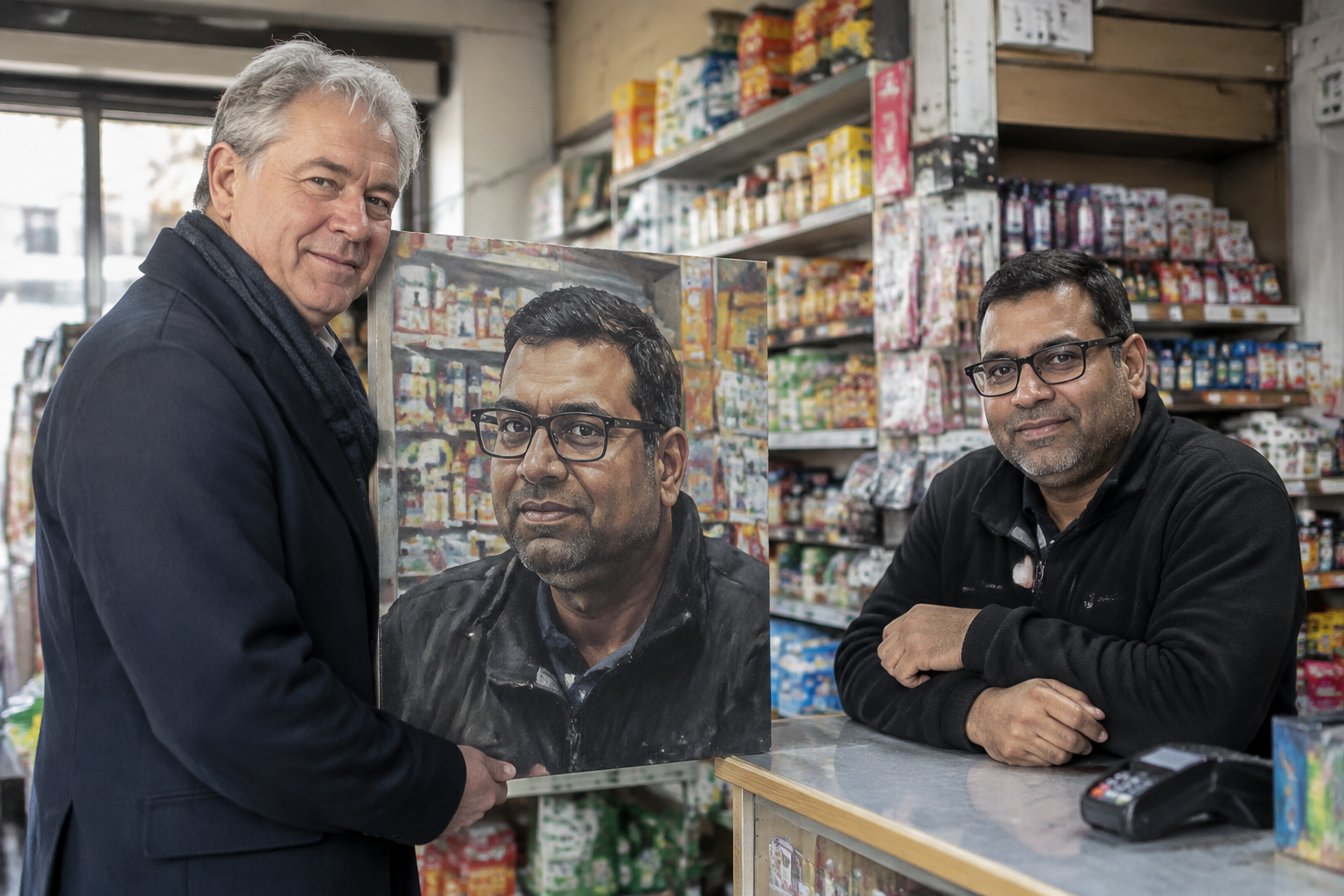 Royal portrait artist Nick Bashall depicts Catford shopkeeper Kaual Patel